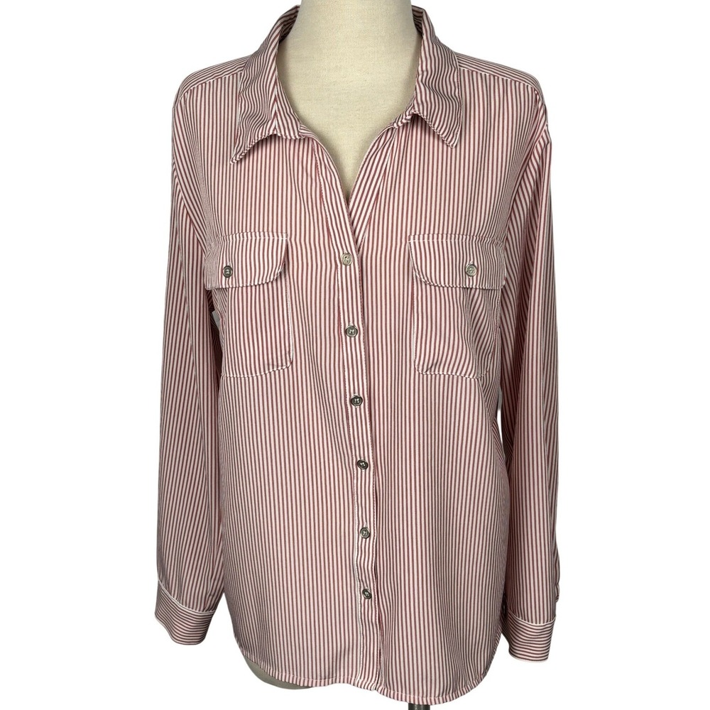 Notations Dusty Pink White Stripe Button Up Shirt Womens L‎ Roll Tab Long Sleeve